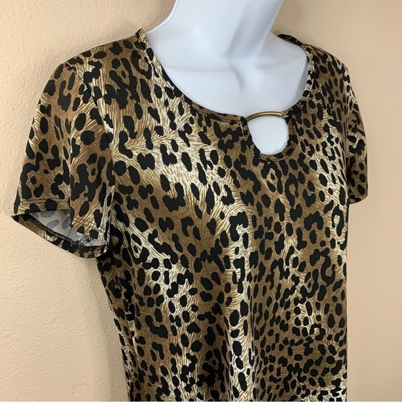 Leopard Print Short Sleeve Top Gold Accent Stretch Large Animal Print - Picture 2 of 8